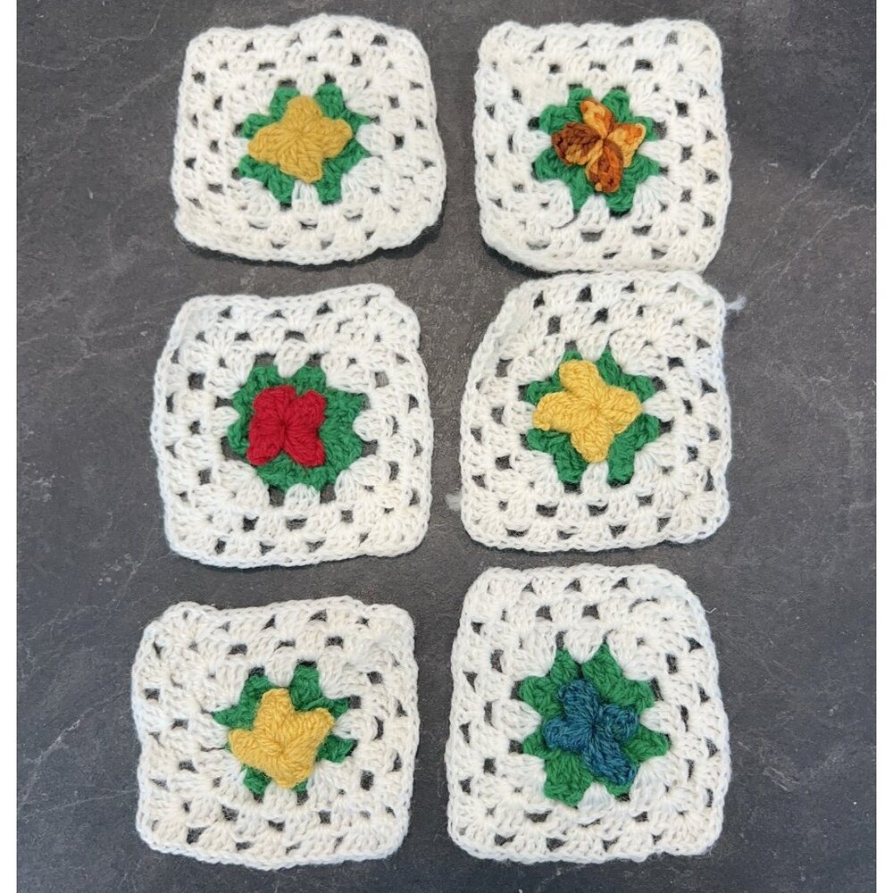 Lot of 6 Vintage Crocheted 4" Granny Squares Handmade Colorful Throw Making